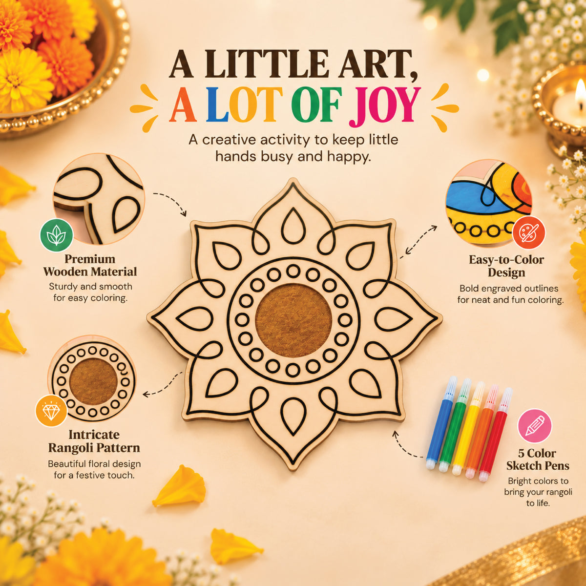 Mandala coloring kit engraved floral pattern and sketch pens