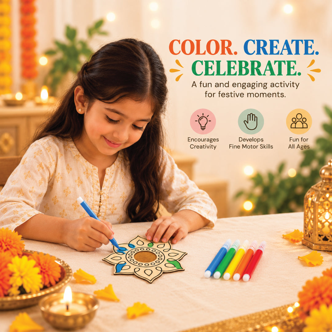 Child coloring the wooden rangoli mandala