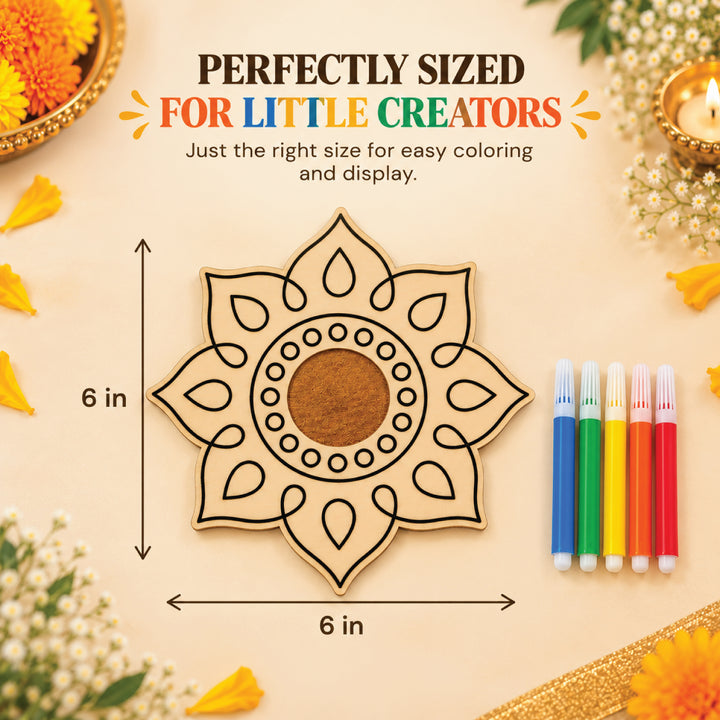 Mandala wood coloring kit dimensions: 6 by 6 inches