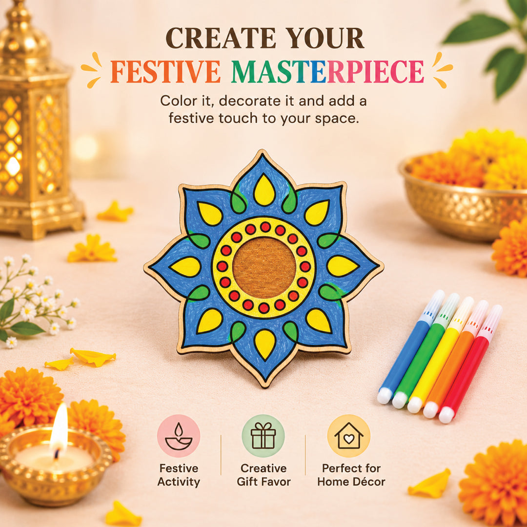 Colored floral mandala wood coloring kit