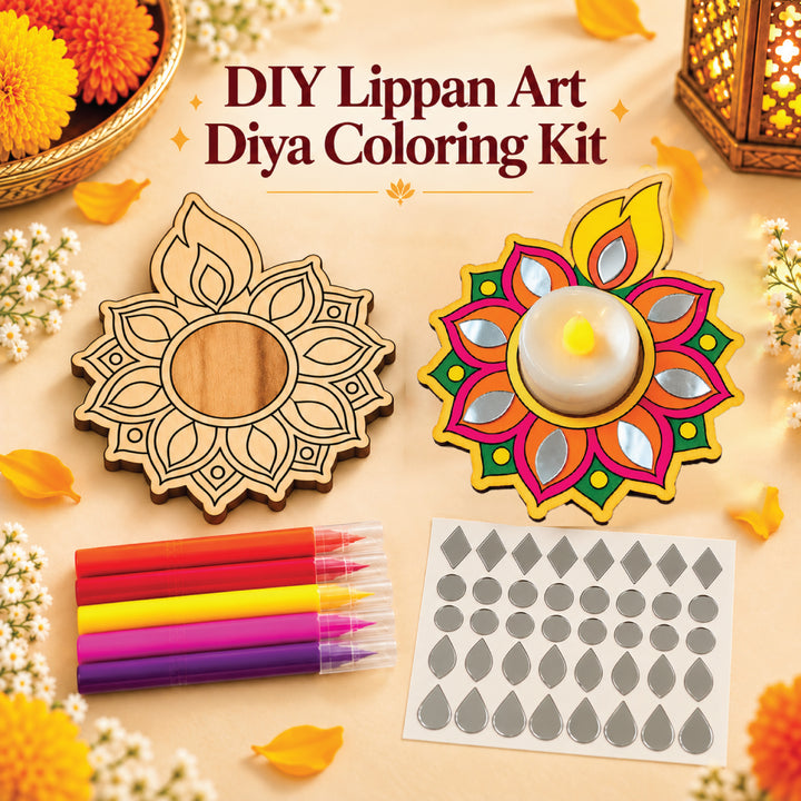 Round wooden diya Lippan art coloring kit with coloring pens and mirror-finish stickers; LED tea light not included