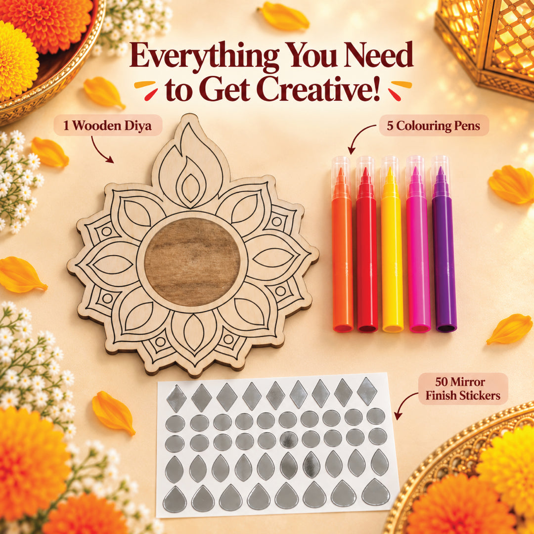 Kit contents: one wooden diya, five coloring pens and 50 mirror-finish stickers