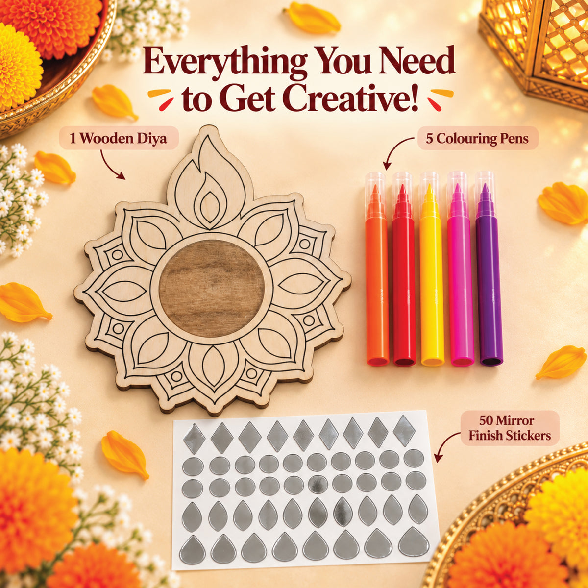 Kit contents: one wooden diya, five coloring pens and 50 mirror-finish stickers