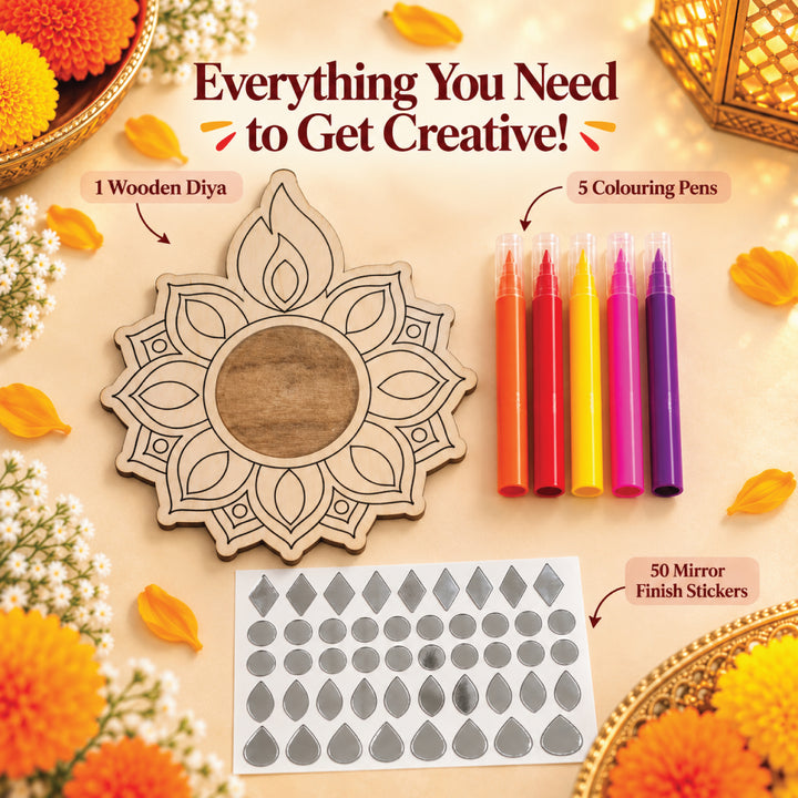 Kit contents: one wooden diya, five coloring pens and 50 mirror-finish stickers