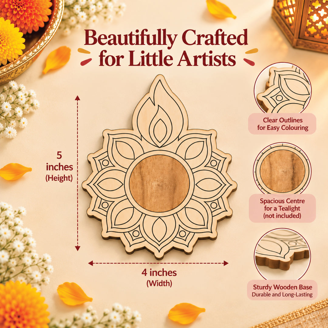 Wooden diya measuring 5 inches high by 4 inches wide with a central space for a tea light; light not included