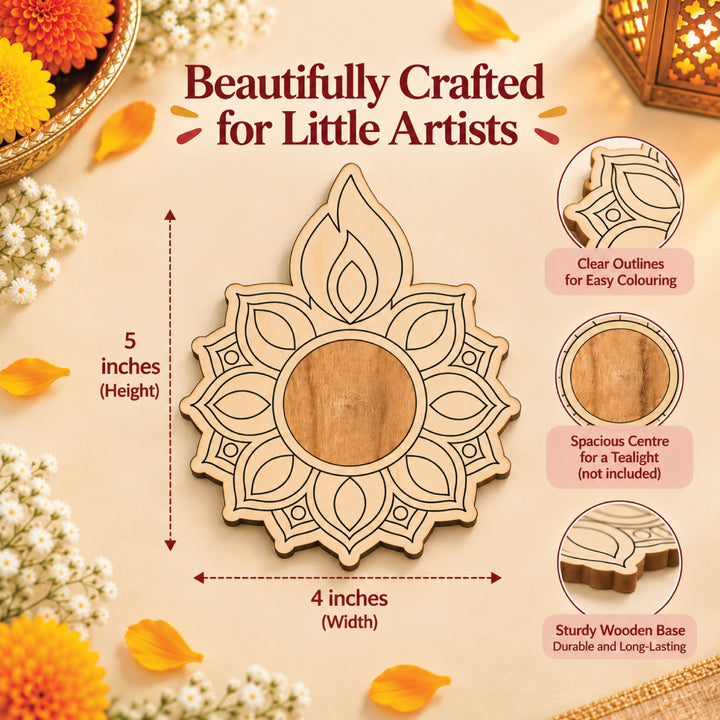 Wooden diya measuring 5 inches high by 4 inches wide with a central space for a tea light; light not included