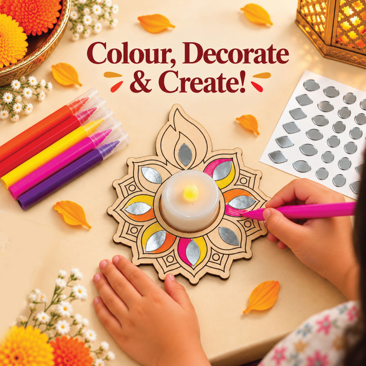 Coloring the round wooden diya and decorating it with mirror-finish stickers
