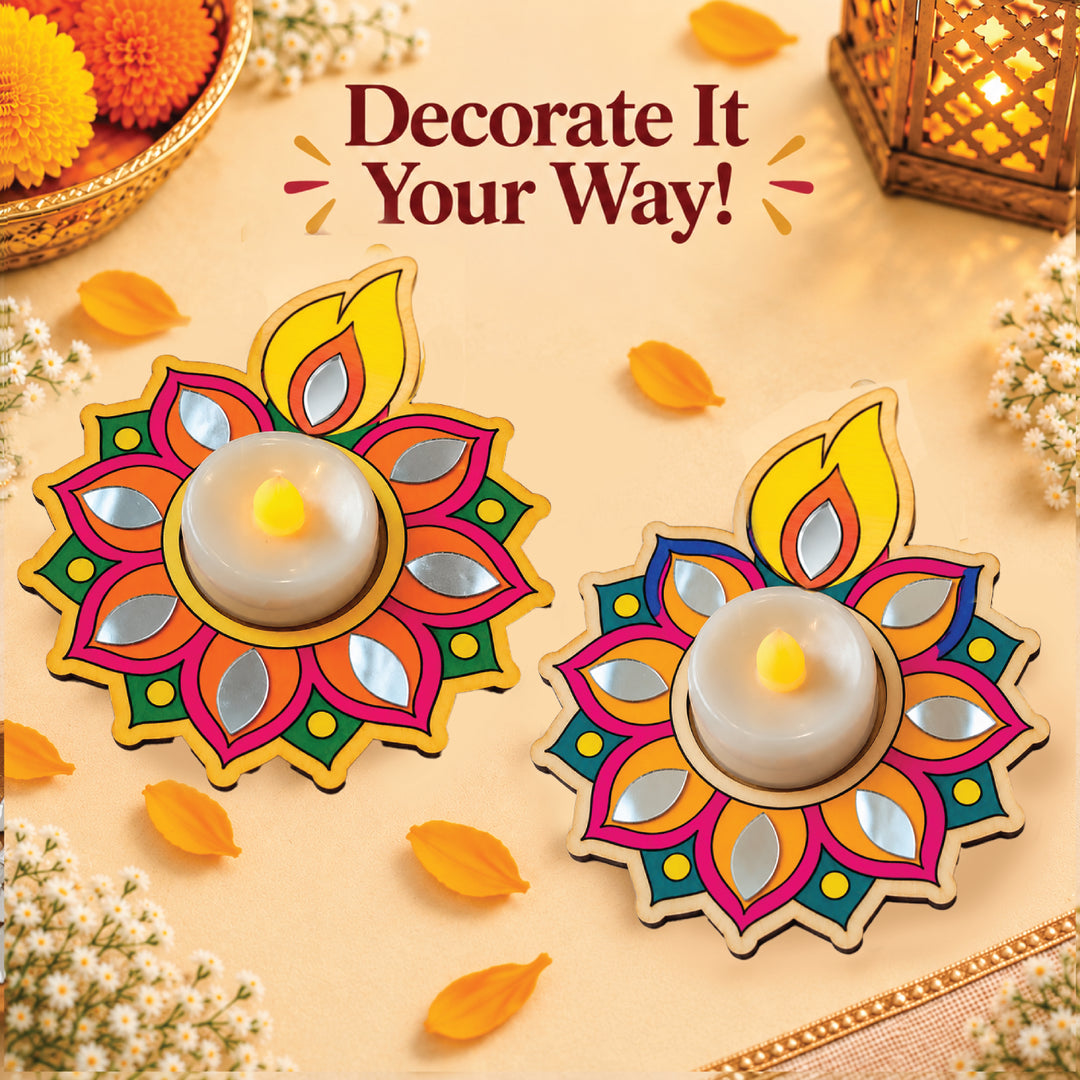 Two completed round diya coloring examples with LED tea lights; each kit makes one diya and lights are not included