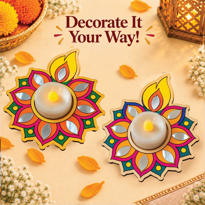 Two completed round diya coloring examples with LED tea lights; each kit makes one diya and lights are not included