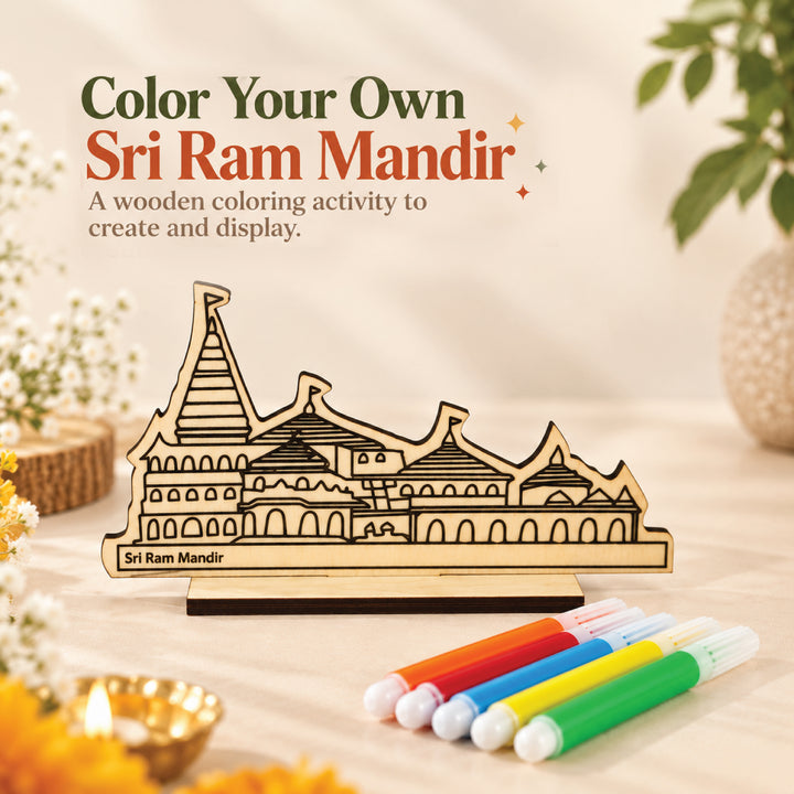 Sri Ram Mandir wooden coloring kit with temple cutout, stand and five color pens