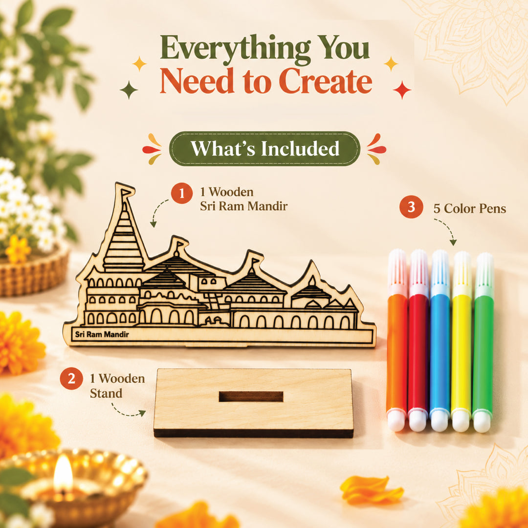 Ram Mandir craft kit contents: one wooden temple, one stand and five color pens