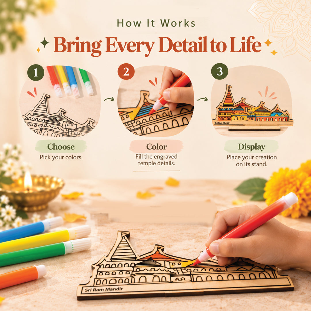 Choose colors, color the Ram Mandir details and display on the wooden stand