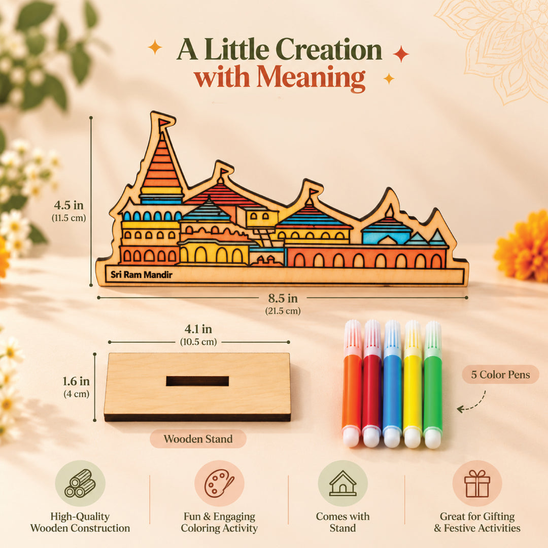 Sri Ram Mandir wooden coloring kit dimensions: temple 8.5 by 4.5 inches and stand 4.1 by 1.6 inches