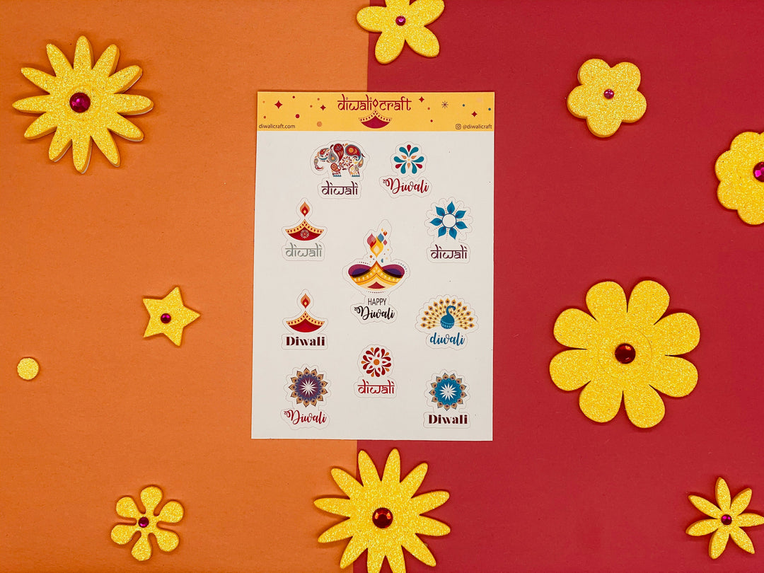 Diwali Stickers - Diya, Peacock, Elephant & Rangoli - 10 sticker on 1 sticker sheet