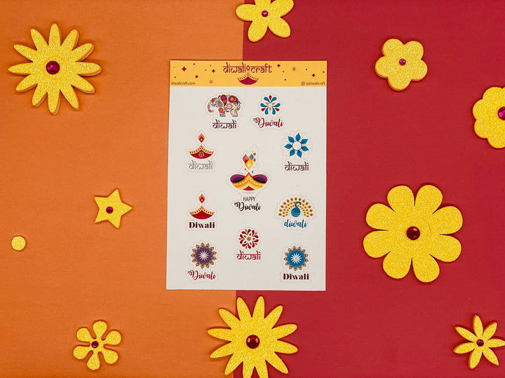 Diwali Stickers - Diya, Peacock, Elephant & Rangoli - 10 sticker on 1 sticker sheet