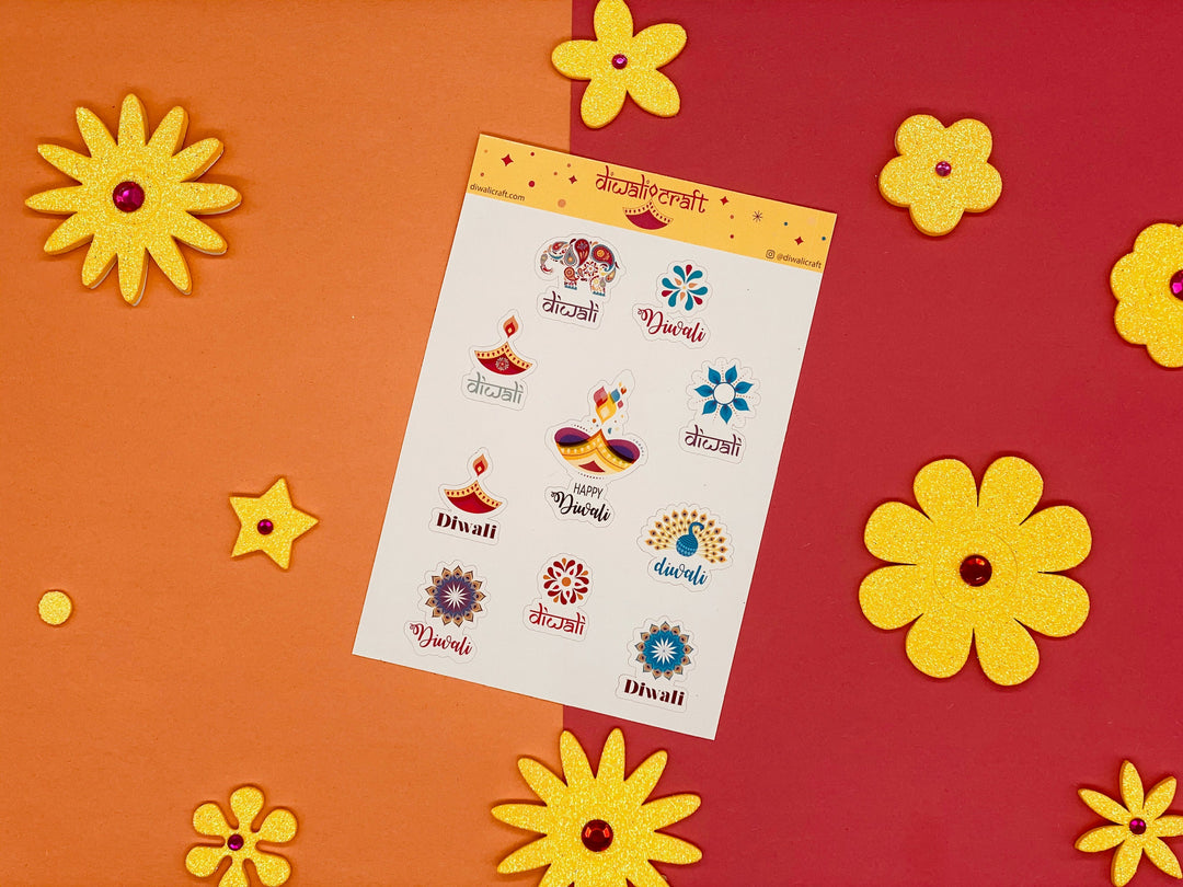 Diwali Stickers - Diya, Peacock, Elephant & Rangoli - 10 sticker on 1 sticker sheet