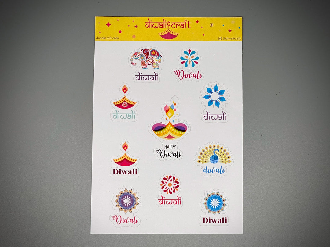 Diwali Stickers - Diya, Peacock, Elephant & Rangoli - 10 sticker on 1 sticker sheet