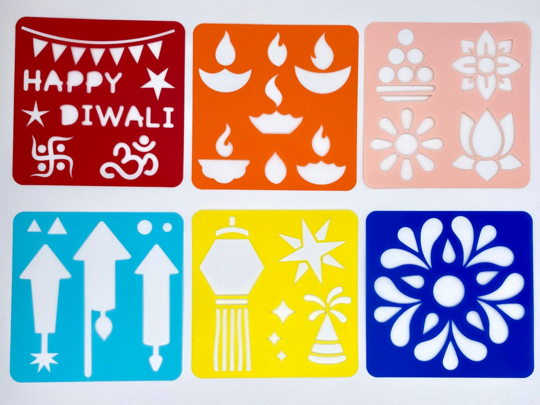 Diwali Themed Stencils for Kids  - 25+ Patterns, 6 Colorful Stencils for Rangoli, Art, Painting, Diwali Kids Favors