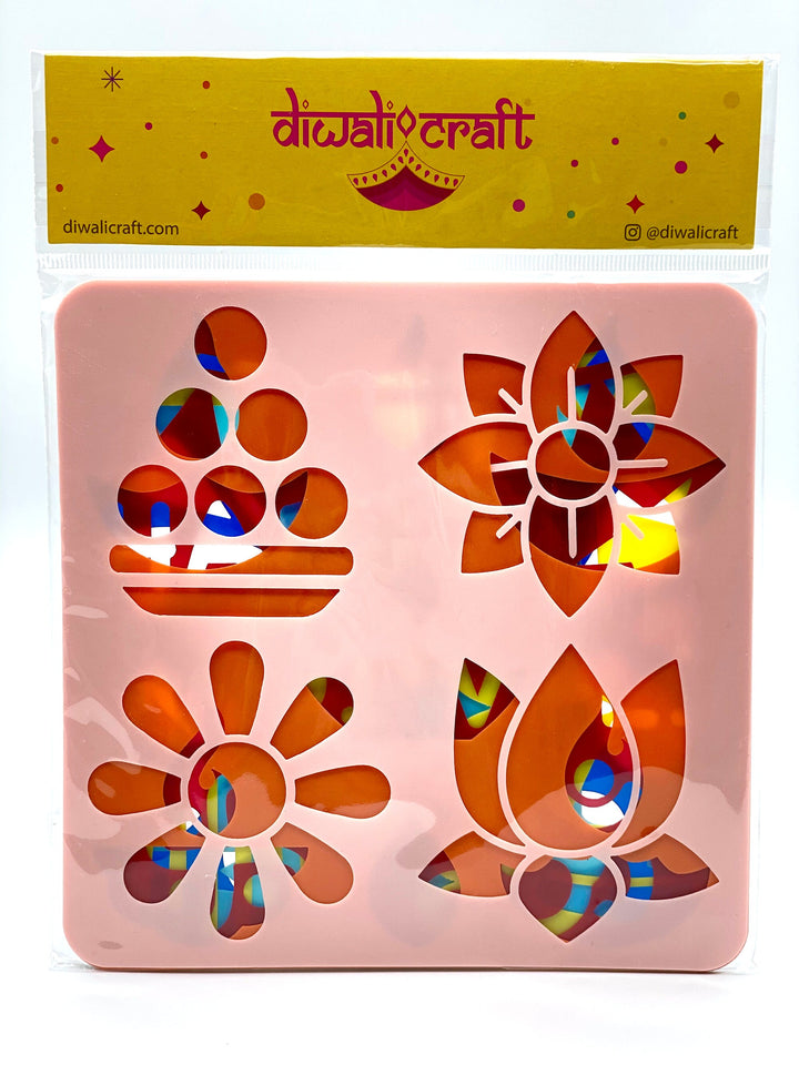 Diwali Themed Stencils for Kids  - 25+ Patterns, 6 Colorful Stencils for Rangoli, Art, Painting, Diwali Kids Favors
