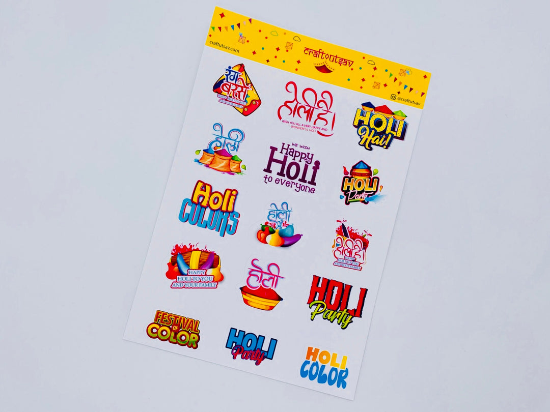 Happy Holi Sticker Sheet - Festival of Colors/Holi Hai - 16 stickers on 1 sheet