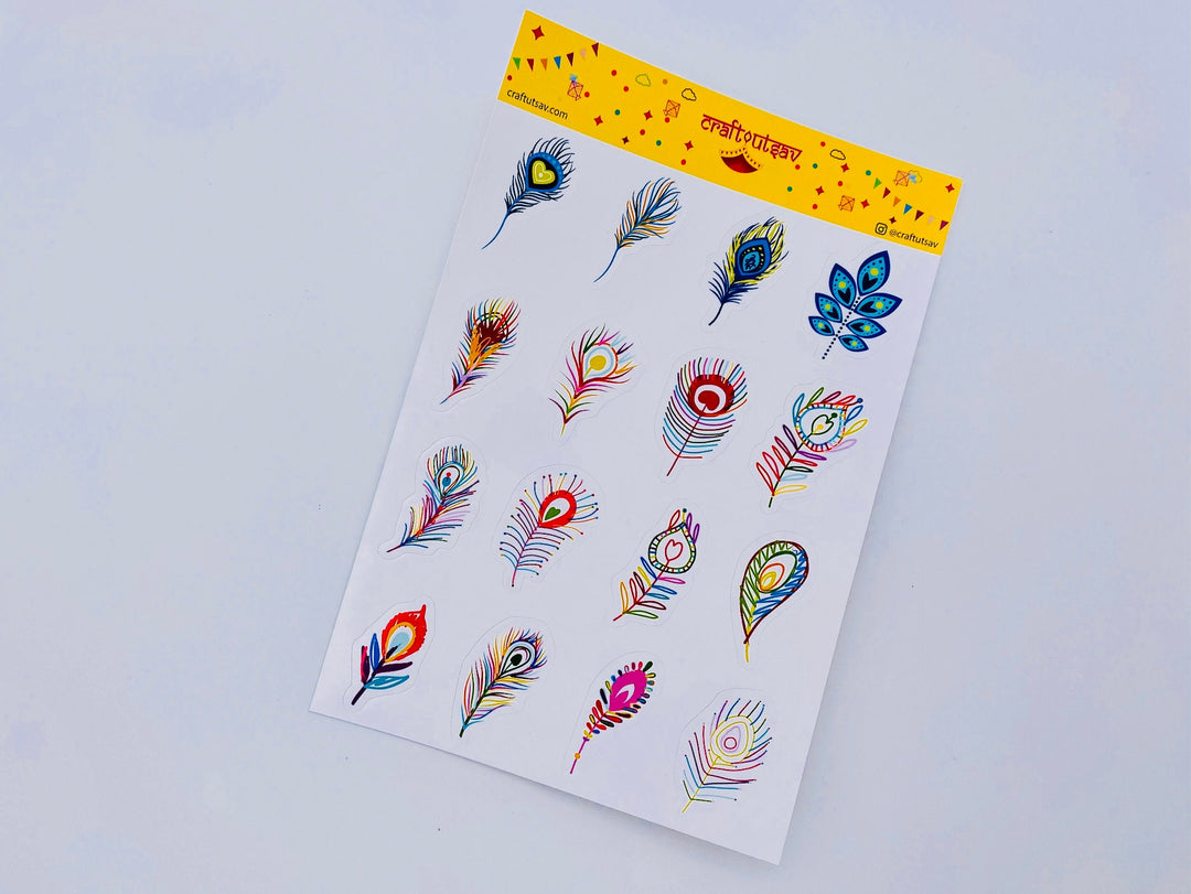 Peacock Feather Sticker Sheet - Decorative/Ornate - 16 stickers on 1 sticker sheet