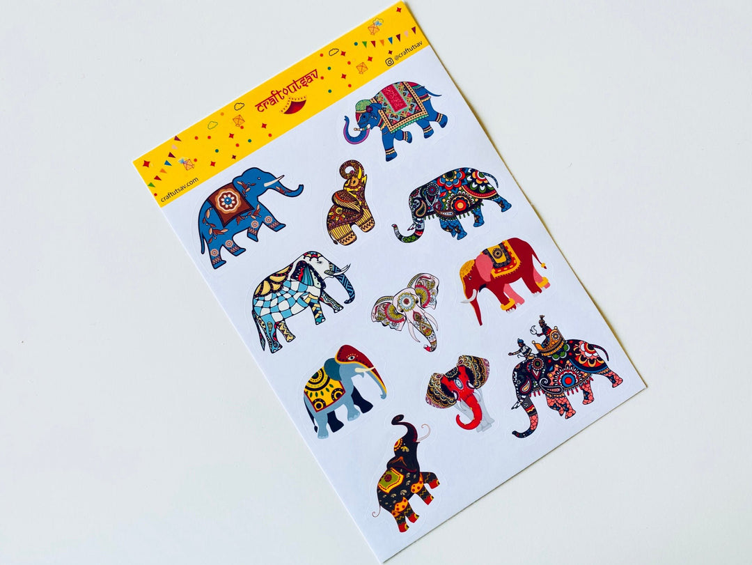 Elephant Stickers - Decorative/Ornate/Indian Elephant Stickers - 11 stickers on 1 sticker sheet