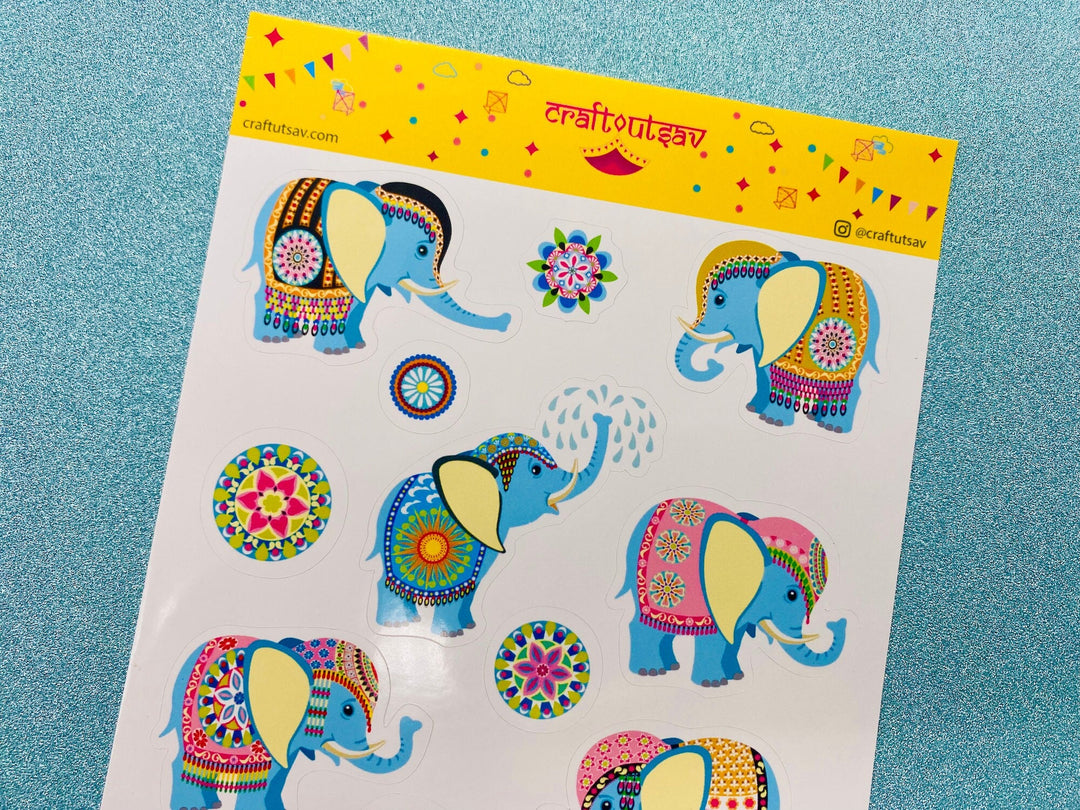 Baby Elephant Stickers - Decorative/Ornate/Indian Elephant & Mandala Stickers - 13 stickers on 1 sticker sheet