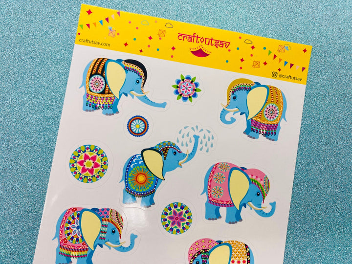 Baby Elephant Stickers - Decorative/Ornate/Indian Elephant & Mandala Stickers - 13 stickers on 1 sticker sheet