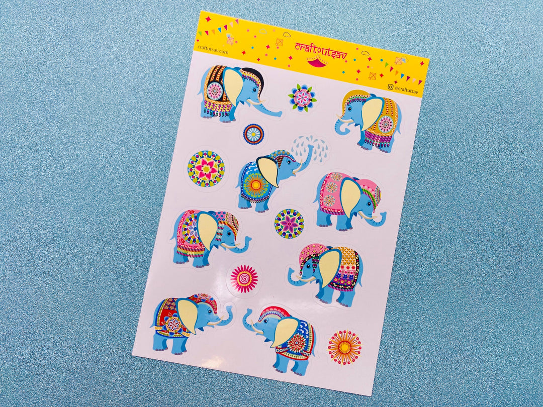 Baby Elephant Stickers - Decorative/Ornate/Indian Elephant & Mandala Stickers - 13 stickers on 1 sticker sheet