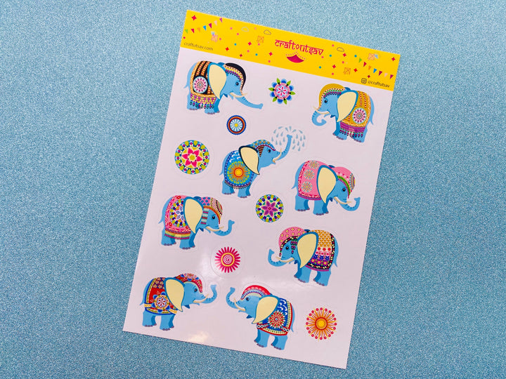 Baby Elephant Stickers - Decorative/Ornate/Indian Elephant & Mandala Stickers - 13 stickers on 1 sticker sheet