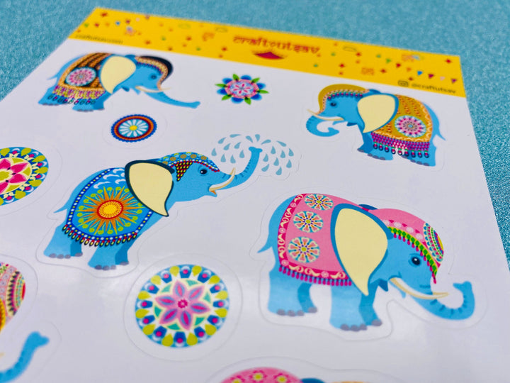 Baby Elephant Stickers - Decorative/Ornate/Indian Elephant & Mandala Stickers - 13 stickers on 1 sticker sheet