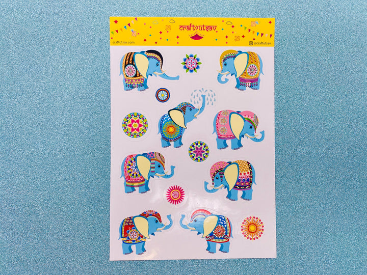 Baby Elephant Stickers - Decorative/Ornate/Indian Elephant & Mandala Stickers - 13 stickers on 1 sticker sheet