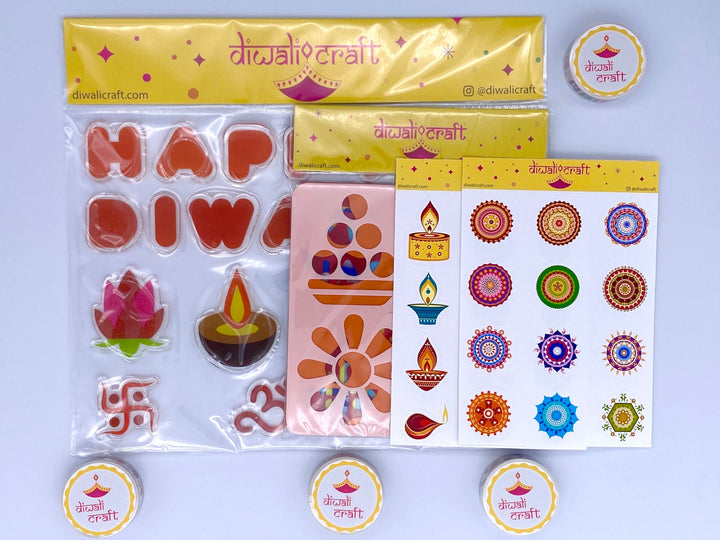 Diwali Gift Box - Diwali Festival Decoration - Window Clings, Washi Tape, Stencils, Stickers for Kids