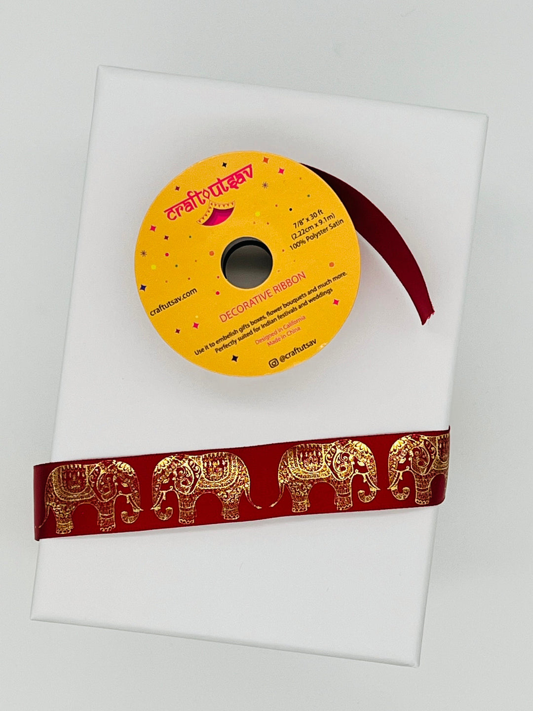 Ornamental Elephant Border Polyester Ribbon perfect for Indian Weddings, Gift Wrapping, Crafting.