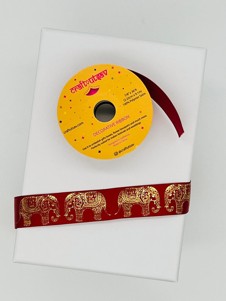 Ornamental Elephant Border Polyester Ribbon perfect for Indian Weddings, Gift Wrapping, Crafting.