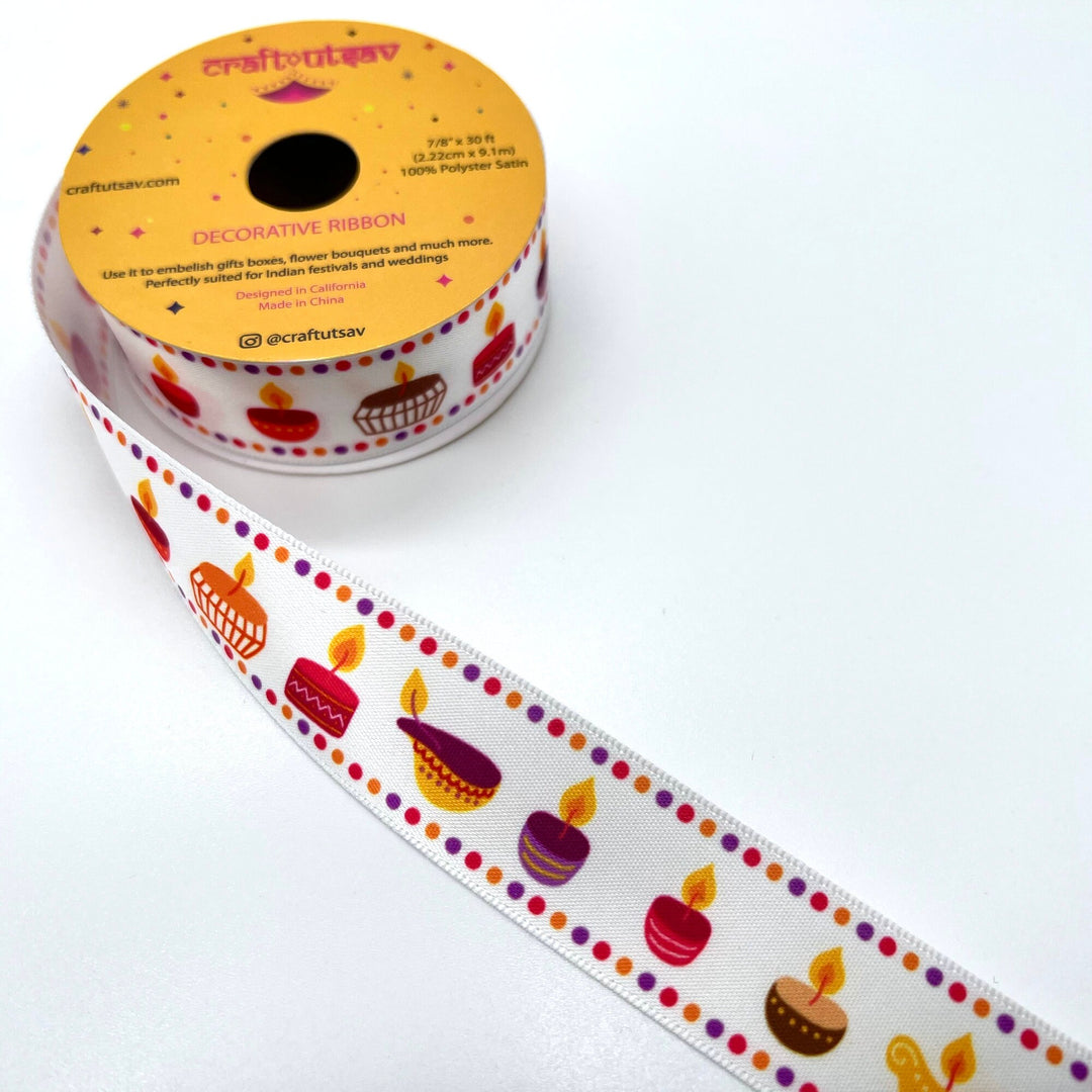 Modern Diya Design Ribbon perfect for embellishing gifts, bouquets at Indian festivals or wedding, sangeet, haldi, mehendi ceremonies