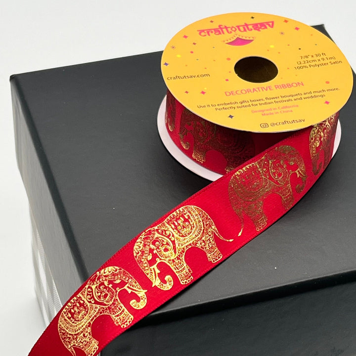 Ornamental Elephant Border Polyester Ribbon perfect for Indian Weddings, Gift Wrapping, Crafting.