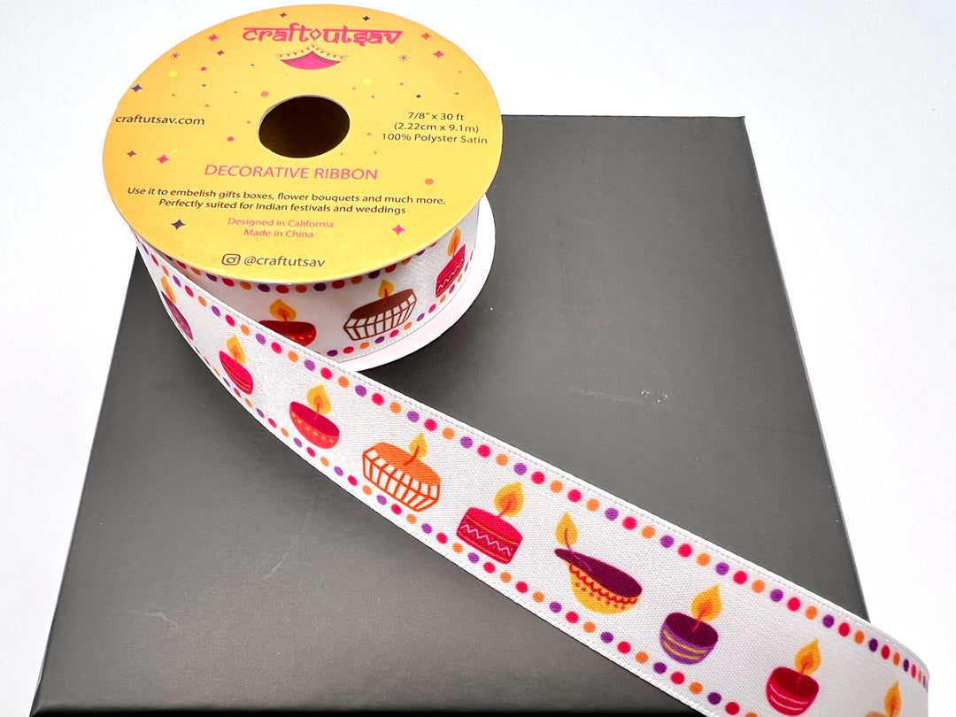 Modern Diya Design Ribbon perfect for embellishing gifts, bouquets at Indian festivals or wedding, sangeet, haldi, mehendi ceremonies