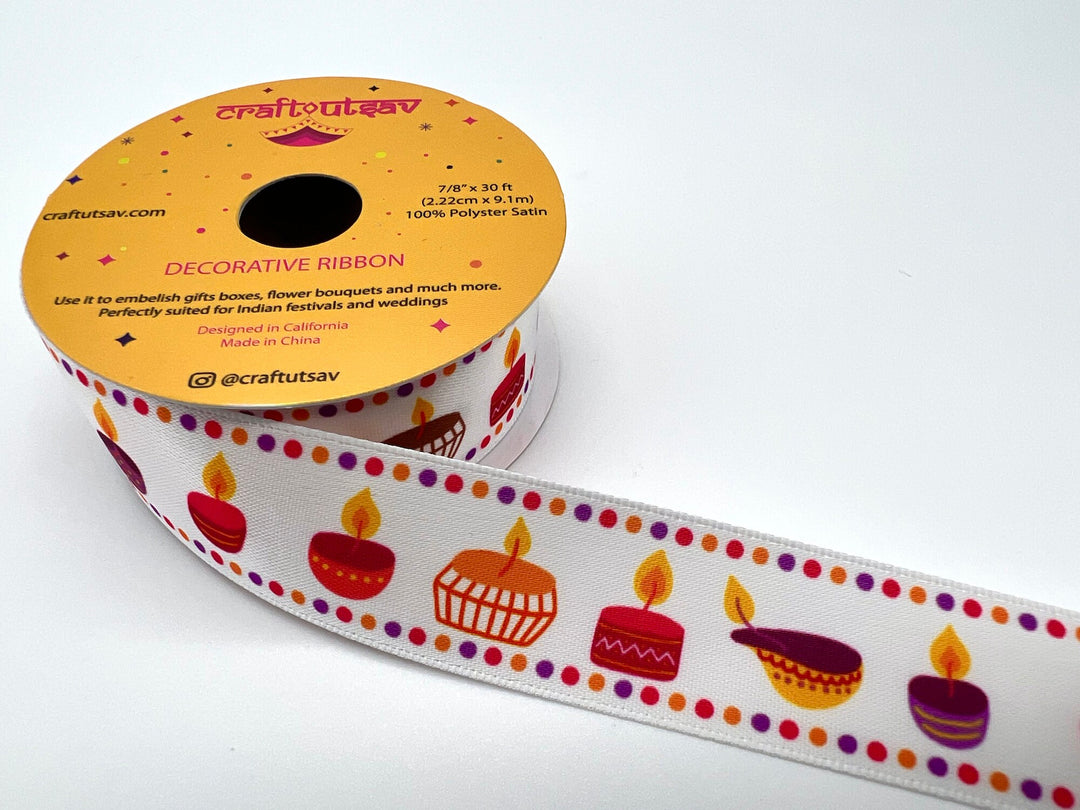 Modern Diya Design Ribbon perfect for embellishing gifts, bouquets at Indian festivals or wedding, sangeet, haldi, mehendi ceremonies