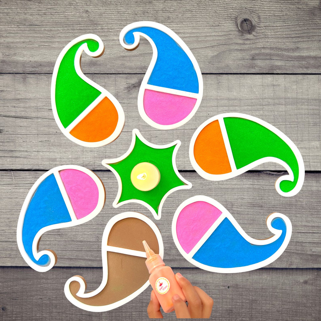 Rangoli Decoration Set Paisley, Mess Free - Set of 7 Mat, 6 inches tall for Weddings, Puja, Diwali, Home Decor, Entryway Door