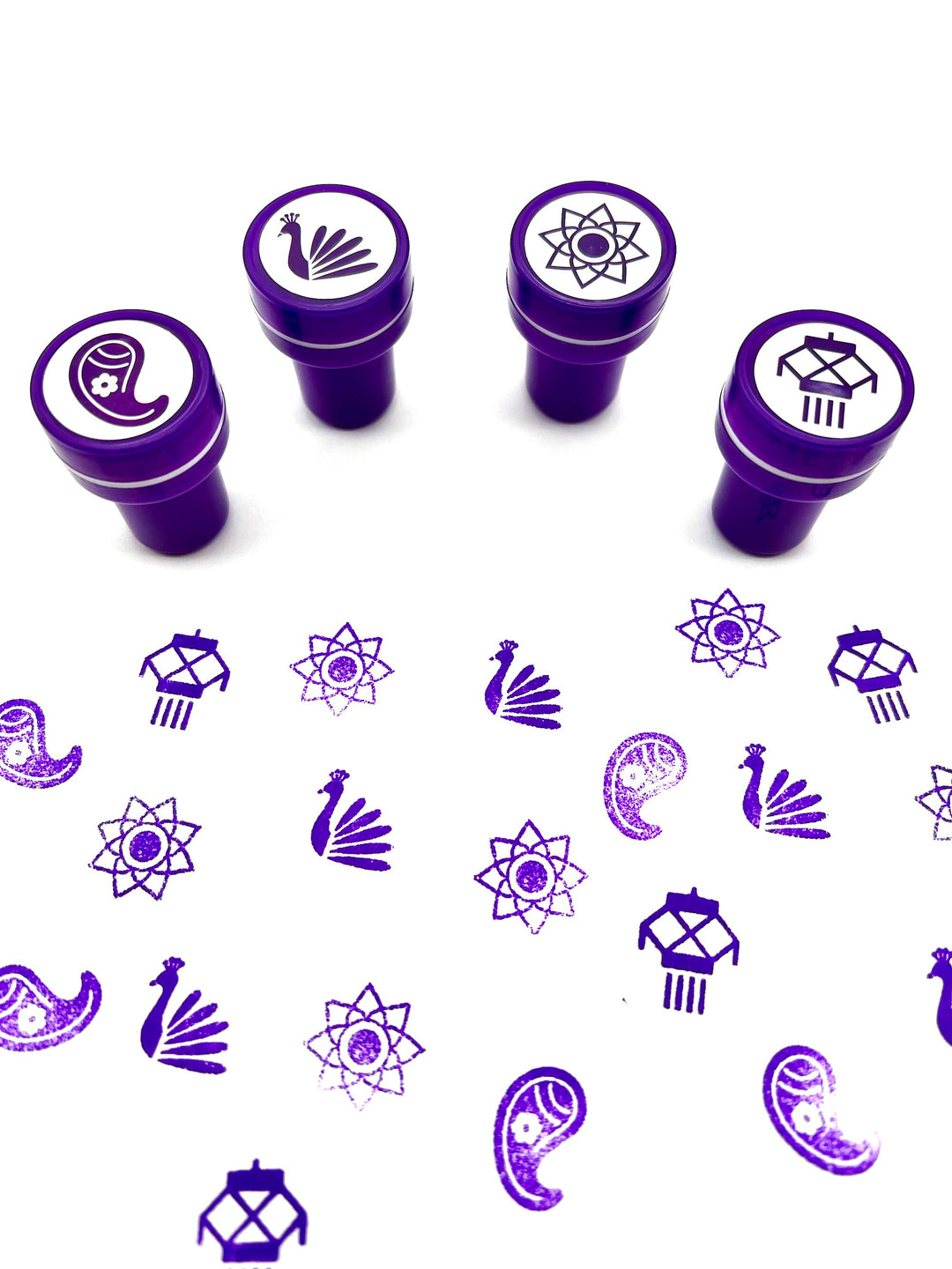 Diwali Art Self-ink Stamps for Kids - 24 Unique Indian themed designs, 6 Colors, Party Favors, Activity for Indian festivals &amp; occasions