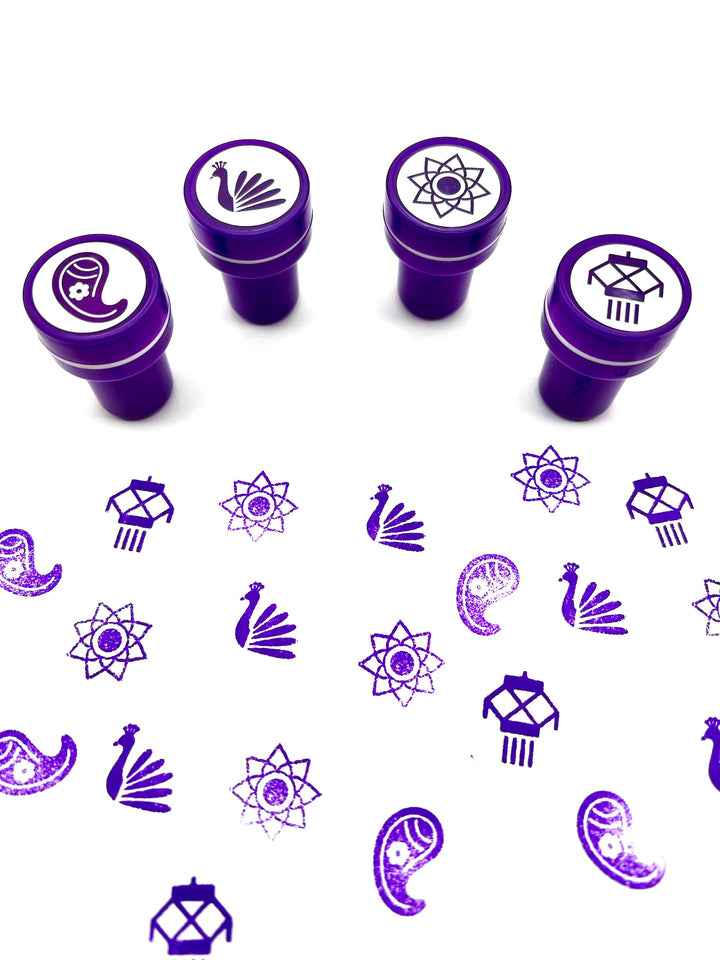 Diwali Art Self-ink Stamps for Kids - 24 Unique Indian themed designs, 6 Colors, Party Favors, Activity for Indian festivals &amp; occasions