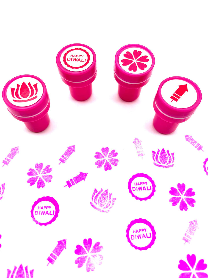 Diwali Art Self-ink Stamps for Kids - 24 Unique Indian themed designs, 6 Colors, Party Favors, Activity for Indian festivals &amp; occasions