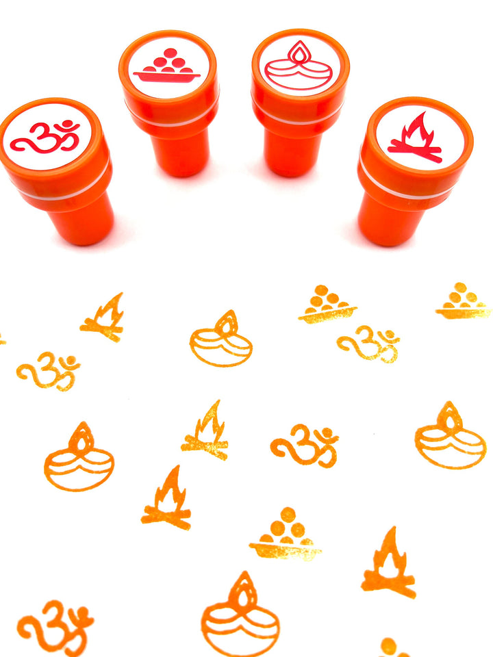 Diwali Art Self-ink Stamps for Kids - 24 Unique Indian themed designs, 6 Colors, Party Favors, Activity for Indian festivals &amp; occasions