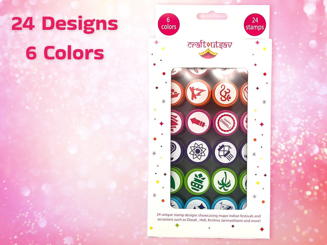 Diwali Art Self-ink Stamps for Kids - 24 Unique Indian themed designs, 6 Colors, Party Favors, Activity for Indian festivals &amp; occasions