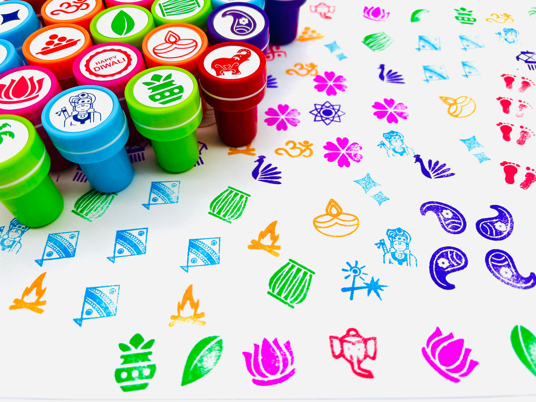 Diwali Art Self-ink Stamps for Kids - 24 Unique Indian themed designs, 6 Colors, Party Favors, Activity for Indian festivals &amp; occasions